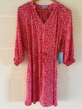 James RSVP Red & White Floral Smocked Sleeve Dress Size Small NWT